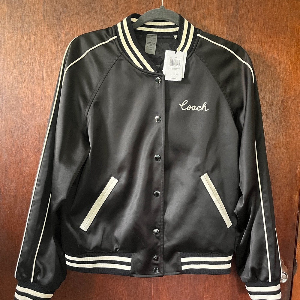 Coach Reversible Women's Black Satin Bomber Jacket with Ivory Trim